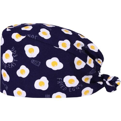 Fried Eggs Print Scrub Caps Pattern Nursing Work Hats Navy Women Men 100% Cotton Beautician Chef Skull Cap M319