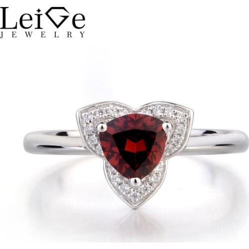 Leige Jewelry Natural Garnet Wedding Rings Solid 925 Sterling Silver Ring Trillion Cut Red Gemstone January Birthstone Ring