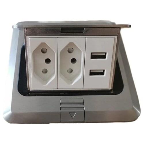 Smart All Aluminum Panel Pop-up Floor Socket with 2 Brazilian Power Plug +2 USB Charger Ground Outlet Customized available