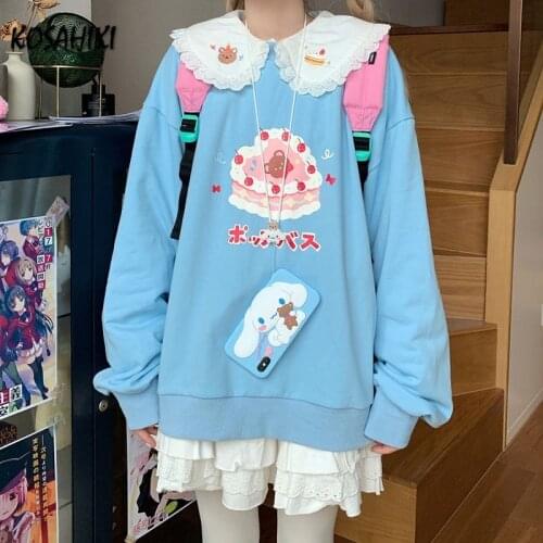 KOSAHIKI Japanese Kawaii 2021 Women Sweatshirt Harajuku Print Hoodie Casual Ropa Mujer Peter Pan Collar Pullovers 11a039