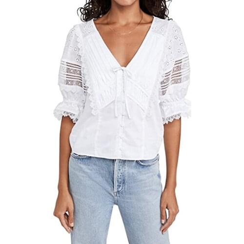 Hollow Out Lace Stitching V-neck 5-sleeve Women Shirt 2021 Summer New Arrive Lady Tops
