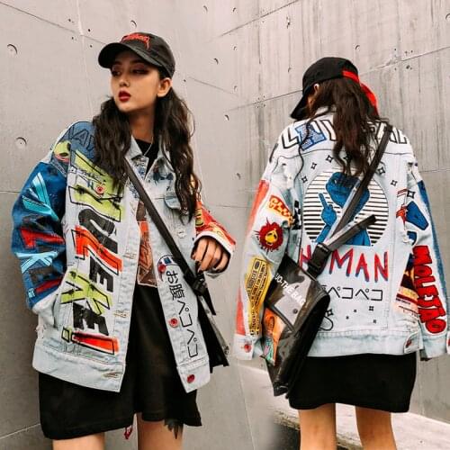 New Denim Coat Women Harajuku Graffiti Print Worn Out Long Sleeve Denim Jacket Punk Rock Students Jeans Coats Outwear NS82