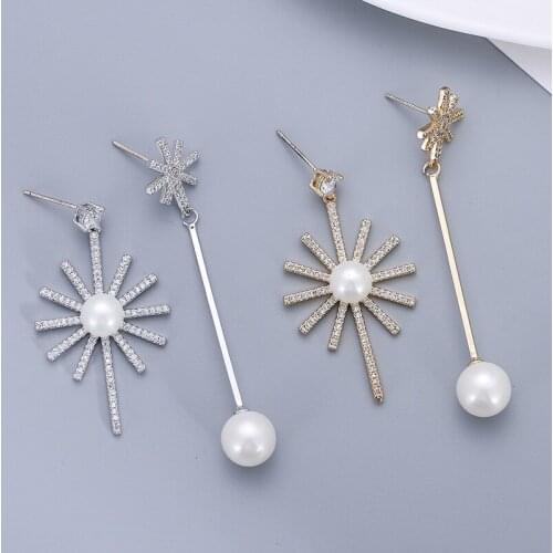 Women Earrings Asymmetric Micro set Zircon Pearl Pendant Earrings Fashion Glamour Banquet Engagement Earrings Send Girlfriend