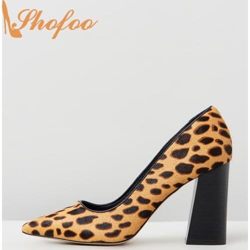 Shofoo Brown Leopard Pointed Toe High Chunky Thick Heels Pumps Woman Slip On Large Size 11 14 For Ladies Flock Footwear Fashion