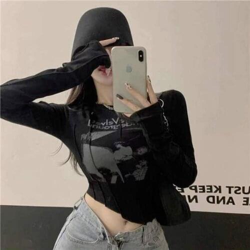 2021 Fashion Long Sleeve Sexy Crop Top Letter Print Female Korean Fashion Fashion Clothing Womens Casual Slim T-shirt O Collar