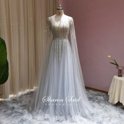 Elegant Silver Dubai Evening Dress for Women Wedding Party Gowns Cap Sleeve 2021 Luxury Beading Arabic Formal Prom Dresses