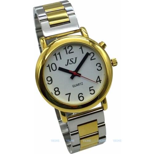English Talking Watch with Alarm Function, Talking Date and time, White Dial, Folding Clasp, Golden Case TAG-505