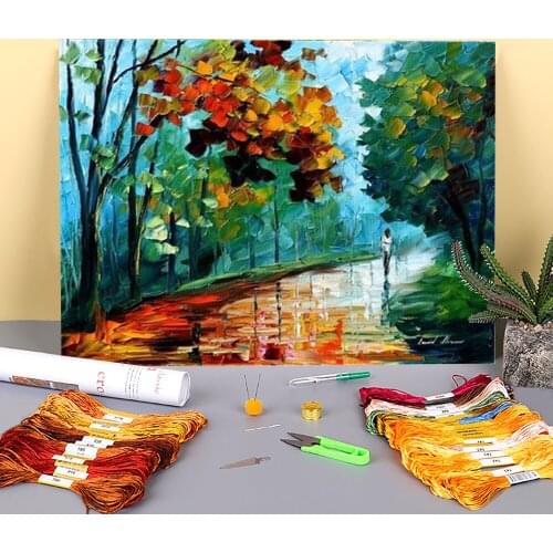 Oil Painting Style Wet Path Printed Fabric 11CT Cross Stitch Patterns DIY Embroidery DMC Threads Sewing Handicraft Needle