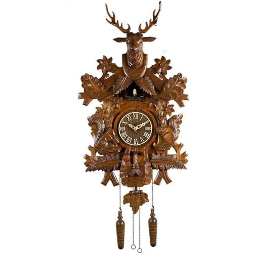 Deer Creative Cuckoo Wall Clock Wood Hand-carved Retro Antique Wall Clock European Big Music Living Room Home Decoration W6B