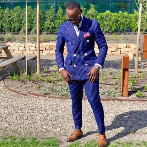 Fashion Pinstripe Slim Fit Mens Suits Double Breasted Two Pieces Wedding Tuxedos Custom Made Business (Blazer+Trousers)