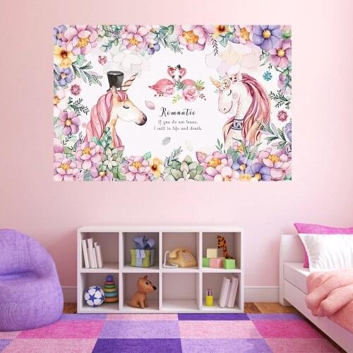 Cartoon Unicorn Wall Sticker Blossom Flower Unicorn Stickers for Childrens Room Living Room Kindergarten Decorative Painting