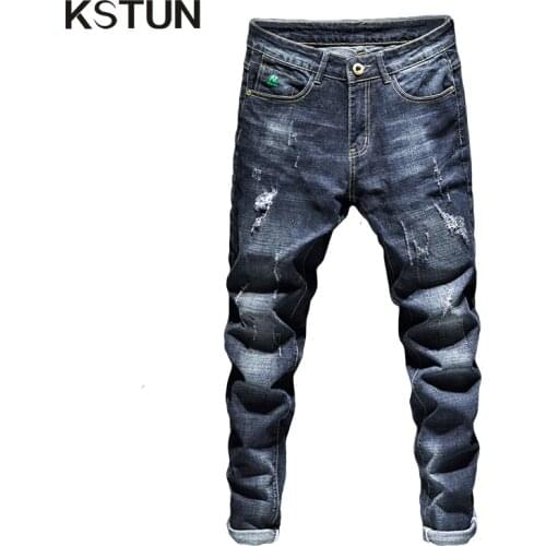Man Jeans 2021 New Dark Blue Stretch Slim Fit Ripped Streetwear Frayed Distressed Pants Letters Biker Jeans Guinness For Men