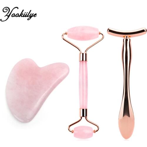 Jade Roller Stone Gua sha Scraping Board Set Rose Quartz Face Lift Massager Facial Massage Eye Cream Mixing Spatula Scoop Tools
