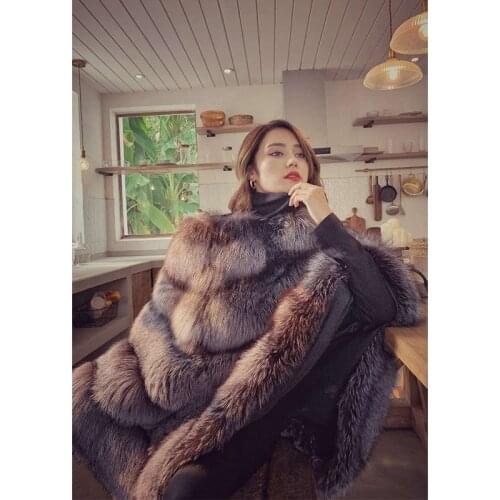 FURSARCAR 2020 New Luxury Real Fox Fur Coat Women Winter Nature Silver Fox Fur Cape Plus Size Long Real Fur Poncho Jacket