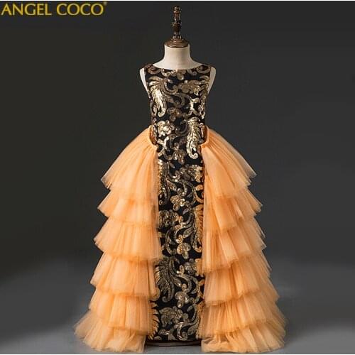 Girls Clothing Removable Sequin Golden Pageant Dress For Girls Children Costume Girl Gown Princess Wedding Birthday Party Dress