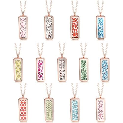 Rose Gold Rectangle Hollow Out Magnetic Aromatherapy Diffuser Necklace Jewelry Perfume Locket Pendant Essential Oil Locket Neckl