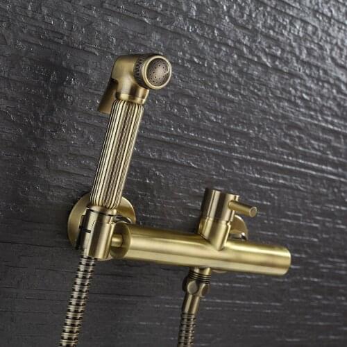 Total Brass Bidet Faucets Bathroom Hot & Cold Toilet Shower Blow-fed Spray Gun Nozzle Bidet Faucet Brushed Gold Bath Hardware