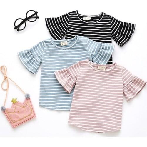 Butterfly Sleeve Casual T Shirt Striped O Neck Summer T-shirt Girl Kids Children Clothes Tee Shirts Tops Cute Toddler Baby 0-4Y