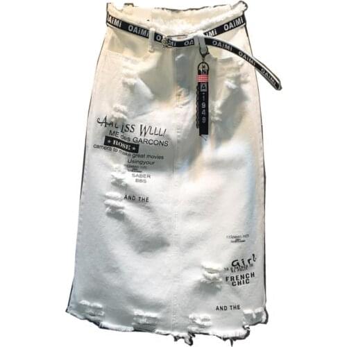 Plus size 5XL! spring summer denim skirt new letters hole white women package hip step jeans skirt