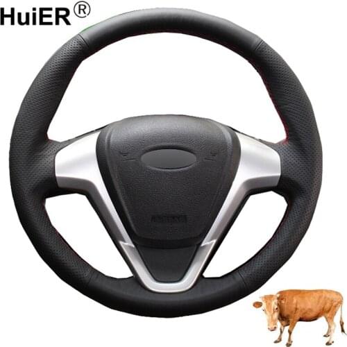 Hand Sewing Car Steering Wheel Cover Volant Top Cow Leather For Ford Fiesta 2008 2009 - 2015 2016 2017 EcoSport 2014-2016 2017