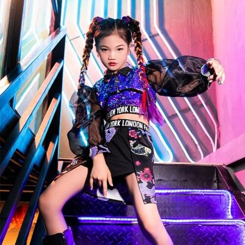 Mesh Puff Sleeve Chinese Style Girls Jazz Dancing Stage Wear Suit Performance Clothing Dance Competition Costumes Outfit YS1411