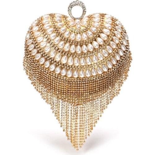 Rhinestone Tassel Evening Handbags Women Heart Gold Small Diamond Dinner Party Clutch Purses Ladies Fashion Crossbody Bags 2021