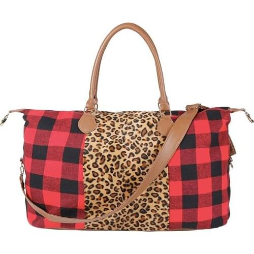Buffalo Plaid Leopard Weekender Bag Large Travel Duffle Bag For Women PU Handle Overnight Tote With Shoulder Strap