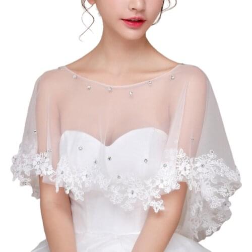 Bridal Embroidered Floral Lace Wavy Bolero Cape Rhinestone Tulle Wedding Shawl U90E