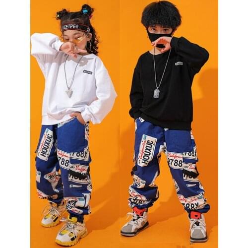 Kid Hip Hop Clothing Sweatshirt Oversized Long Sleeve T Shirt Top Print Cargo Pants for Girl Boy Jazz Dance Costume Clothes Wear