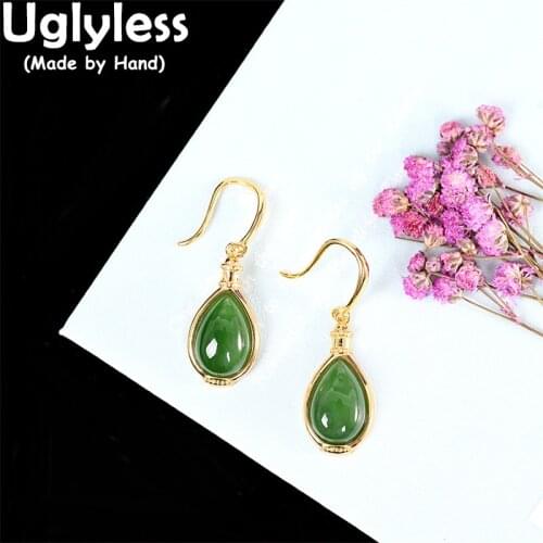 Uglyless Bottles Gifts Aquarius Earrings for Women Natural Green Jade Jasper Earrings 925 Sterling Silver Brincos Creative Jewel