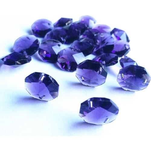 Top Quality 100pcs Violet 14mm Crystal Octagon Chandelier Parts in Two holes (Free Rings) Diy Glass Strands Garland Beads