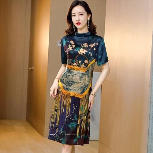 High Quality 90% Genuine Silk Womens Summer Dress Female Midi Dress Vintage Elegant Dresses Ladies Vestido De Mujer Zjt2572