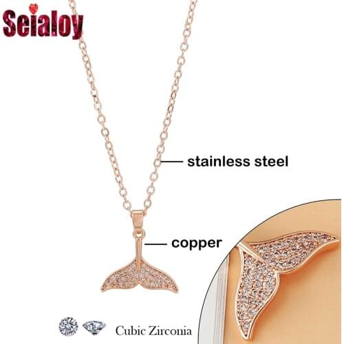 High Quality Korea Rose Gold Stainless Steel Chain CZ Fish Tail Pendant Necklace For Women Crystal Charm Clavicle Chain Gift