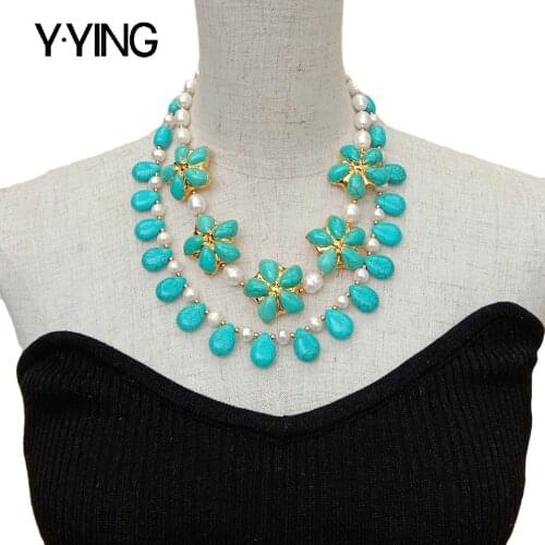 Y.YING 2 Strands natural Cultured White Rice Pearl Blue Turquoises Flower Necklace