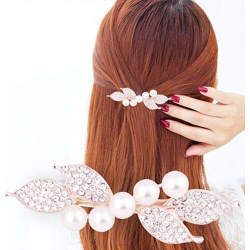 Chic Fashion Metal Leaf Shape Hair Clip Barrettes Rhinestone Crystal Pearl Hairpin Barrette Hair Claws Women Hair Styling Tool