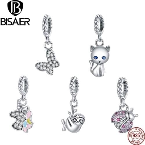 Bisaer 925 Sterling Silver Pony Cat Ladybug Zircon Beads Fit 4.8mm Bracelet Pendant For Women Silver 925 Jewelry Making ECX121