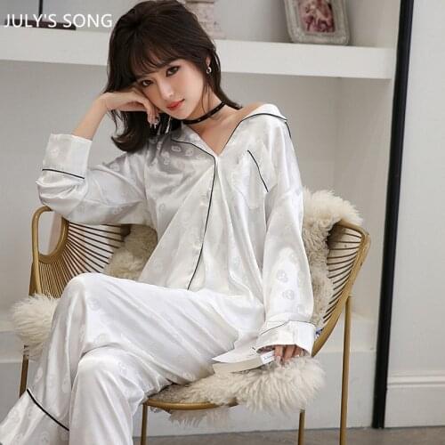 JULYS SONG Skull Print Pajama Set Satin For Women 2 Pieces Personalized Faux Silk Simple Solid Color Spring Autumn Sleepwear