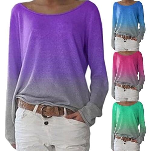 Fashion Women Gradient Color O Neck Long Sleeve Casual Loose Pullover Blouse Top female Ladies Blouses clothing