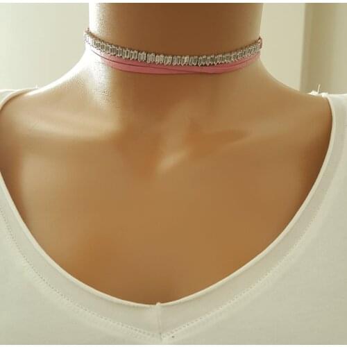 Pink Leather Baquette Choker Women Necklace 925 Sterling Silver Fashion Jewelry Made in TURKEY