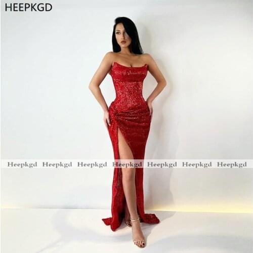 Shiny Red Strapless Evening Dress High Slit Backless 2021 Sexy Occasion Party Maxi Women Gowns Long Evening Dresses