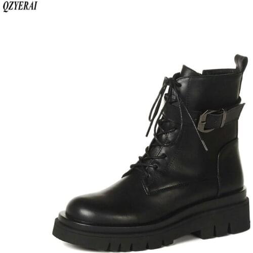 Martin boots Womens boots Genuine leather The British Round head short boots The bottom of the thick Womens shoes