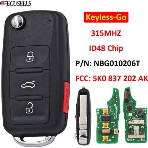 Keyless-go 3+1/4B Remote Car Key 315MHz ID48 Chip P/N: NBG010206T for Volkswagen 2011-2017 (Models with Prox) 5K0 837 202 AK