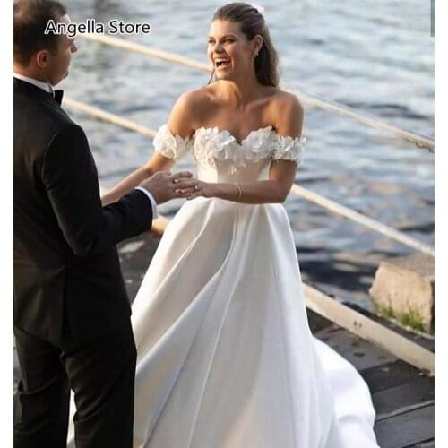 3D Floral Wedding Dresses A-Line 2021 Off Shoulder Satin Flowers Long Bridal Gowns Sexy Open Back Country Boho Beach Bride Dress