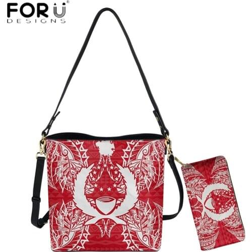 FORUDESIGNS Vintage Leather Luxury Handbags For Women Polynesian Pohnpei Tribal Red Color Map Print Casual Crossbody Bolsas