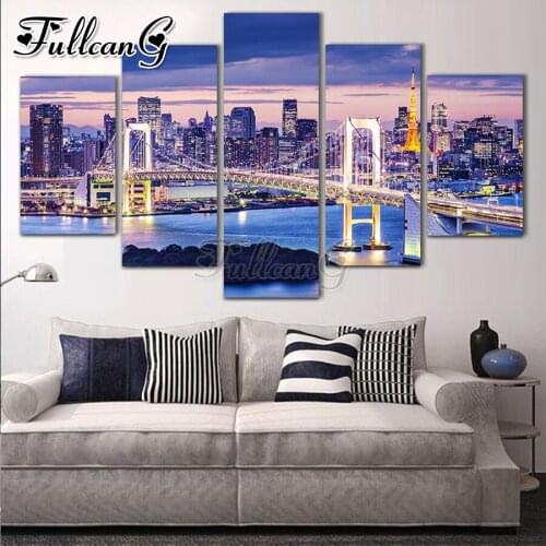 FULLCANG Night city bridge scenery 5 piece diy diamond painting large full square round mosaic embroidery multi-picture FC3428