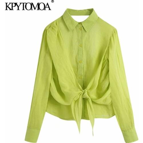 KPYTOMOA Women 2021 Fashion With Bow Tie Pleated Blouses Vintage Backless Button-up Female Shirts Blusas Chic Tops