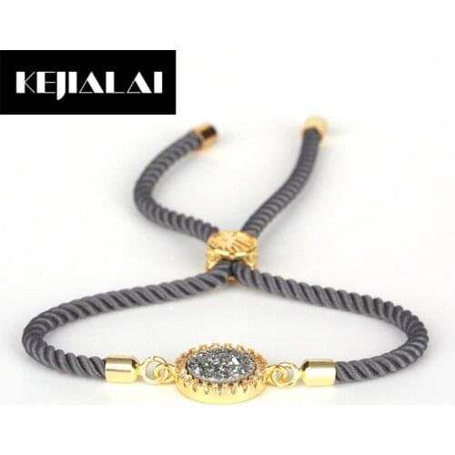 KEJIALAI Round Shape Nature Stone Charm Bracelet Adjustable Macrame Rope Chain Link Bracelet Bangle Colorful Stone Rope