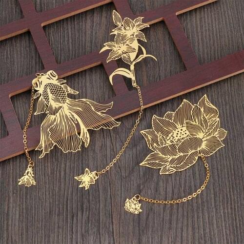 Retro Metal Chinese Style Hollow Bookmark Lotus Lotus Leaf Bookmark Creative Stationery Fine Gifts School Office Supplies