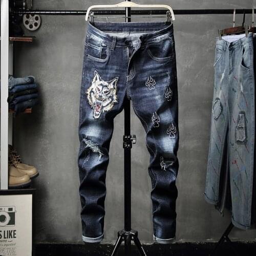 Fashion Hipster Personality Print Patchwork Jeans Wolf Head Embroidery Cowboys Trousers Mens High Quality Straight Denim Pants