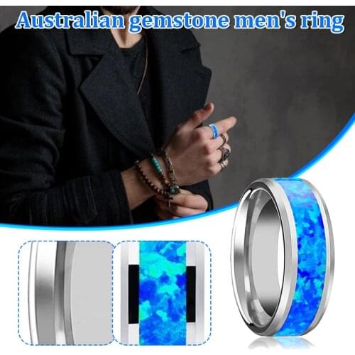 Mens Charm Ring Blue Center Wedding Bands Engagement Ring Comfort Fit Size 6 To13 Shining Classic Eternity Gift For Cool Men